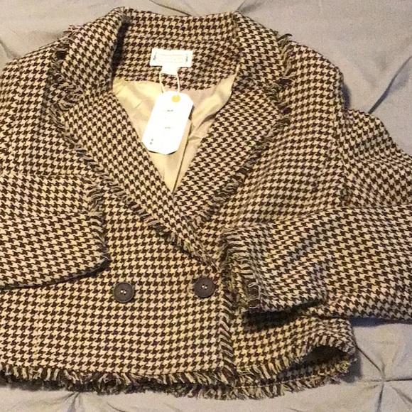 Love Riche Tan Brown Houndstooth Frayed Edging Lined Jacket Blazer NWT - Picture 8 of 16
